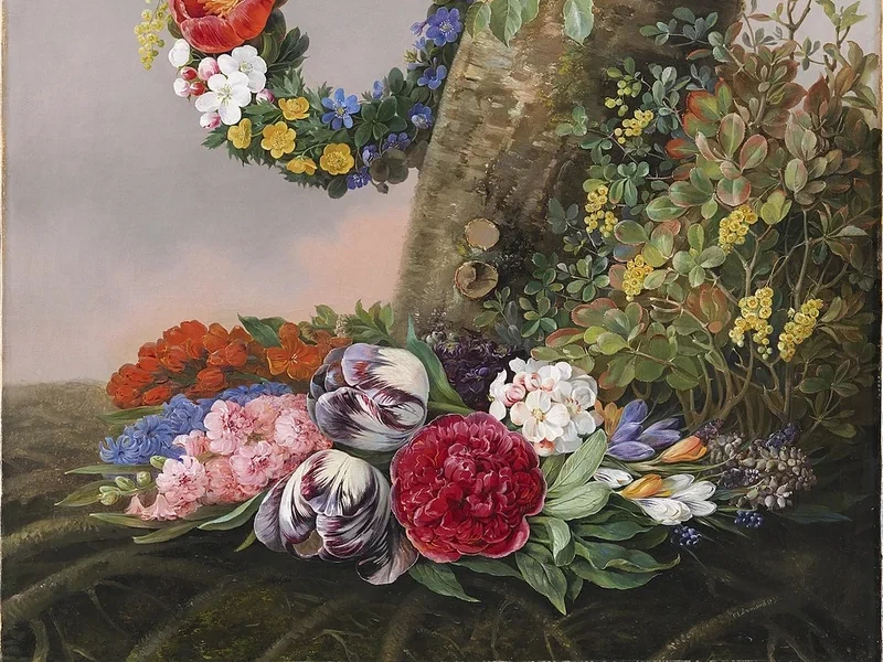 1803-Christine Marie Løvmand - Un mazzo di fiori ai piedi di un albero